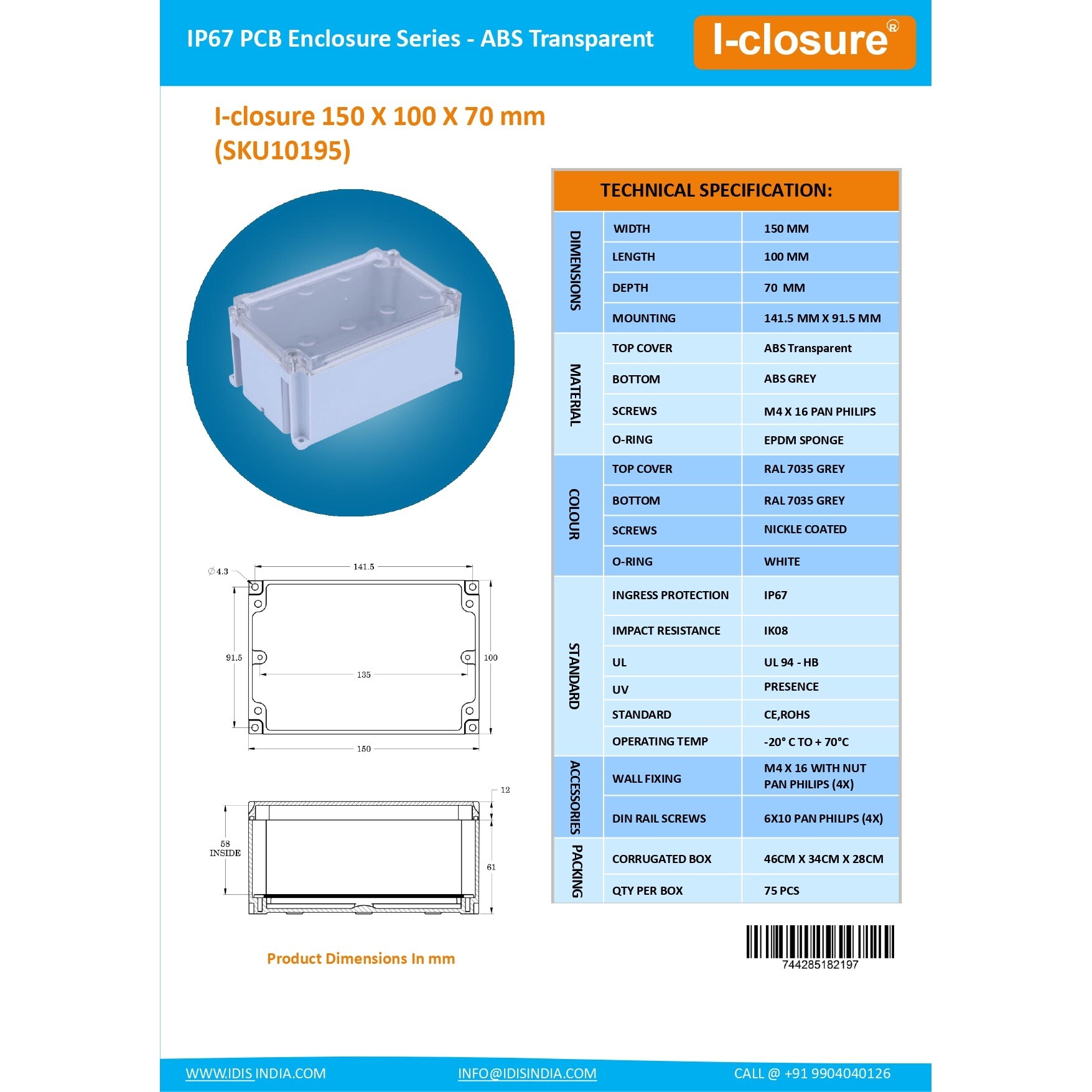 ABS Enclosure 150 x 100 x 70 mm Clear IP67