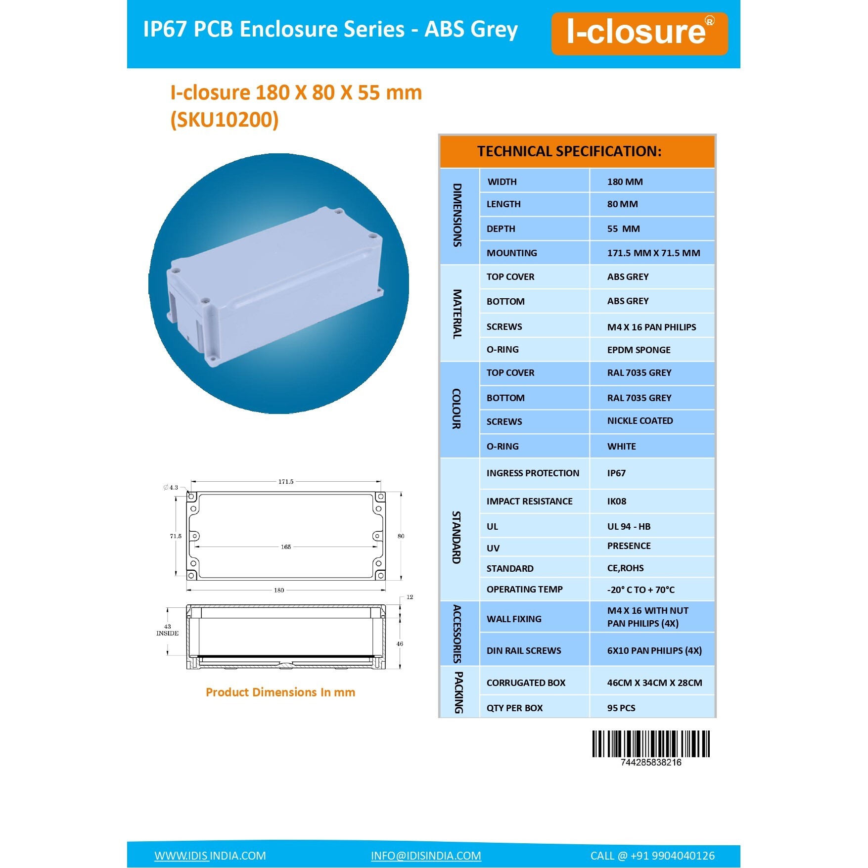 Abs Enclosure 180 X 80 X 55 Mm Grey Ip67 - Virgin Material