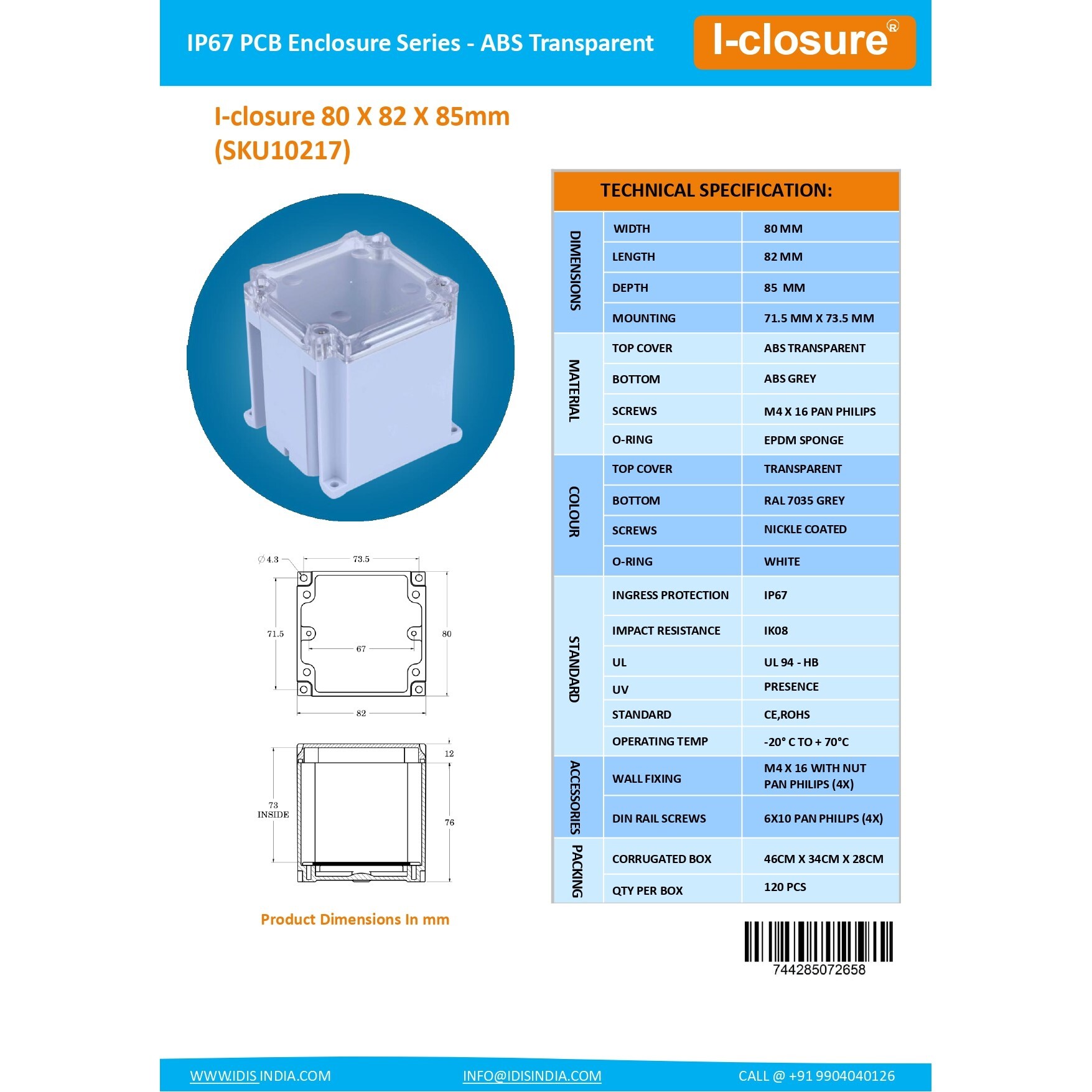 ABS Enclosure 80 x 82 x 85 mm Clear IP67