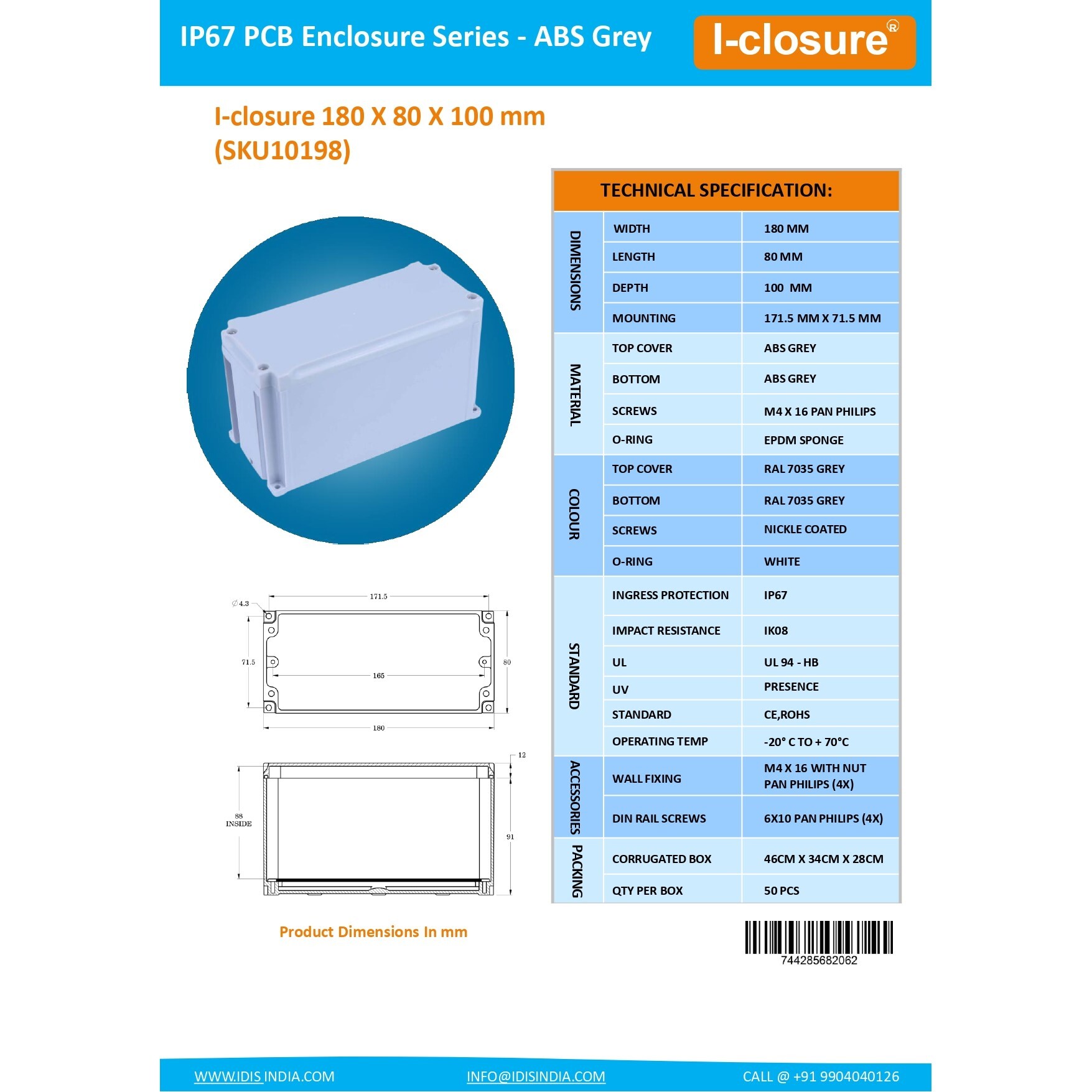 Abs Enclosure 180 X 80 X 100 Mm Grey Ip67