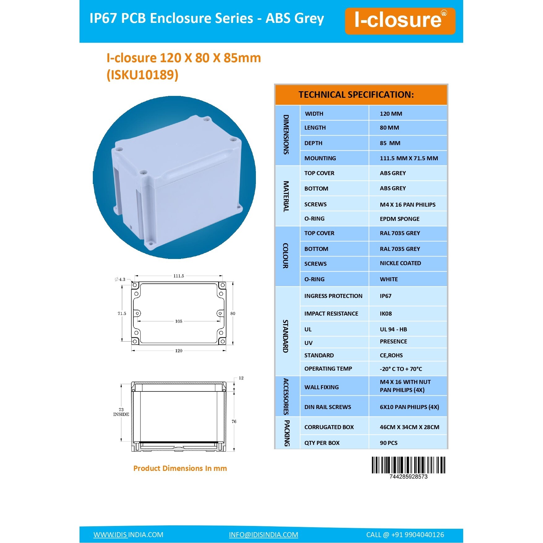 Abs Enclosure 120 X 80 X 85 Mm Grey Ip67 - Waterproof Ip67, 3mm Thick Wall, Brass Insert, Outside Panel Mounting, Ideal For Iot & Electronics
