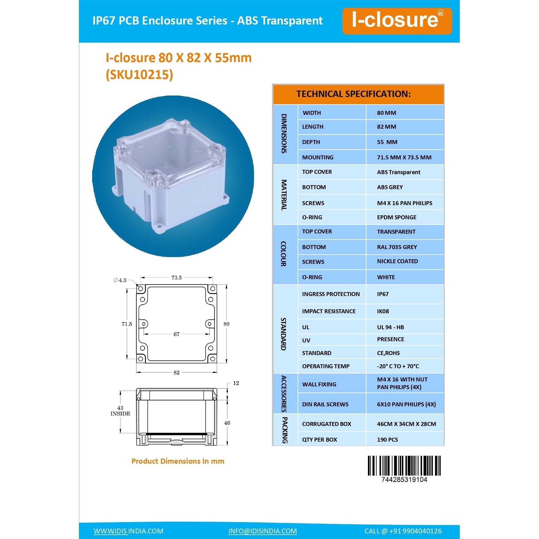 ABS Enclosure 80 x 82 x 55 mm Clear IP67