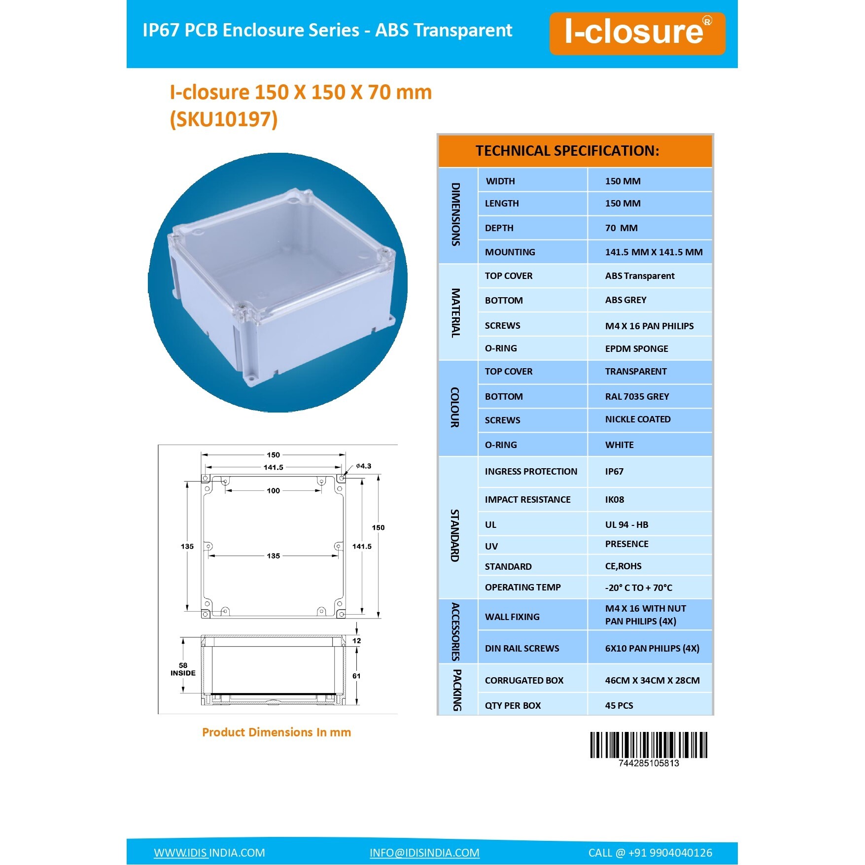 Abs Waterproof Enclosure 150x150x70mm - Ip67, Transparent Color, 2.5mm Wall Thickness, Easy Mounting For Electronics & Iot Applications