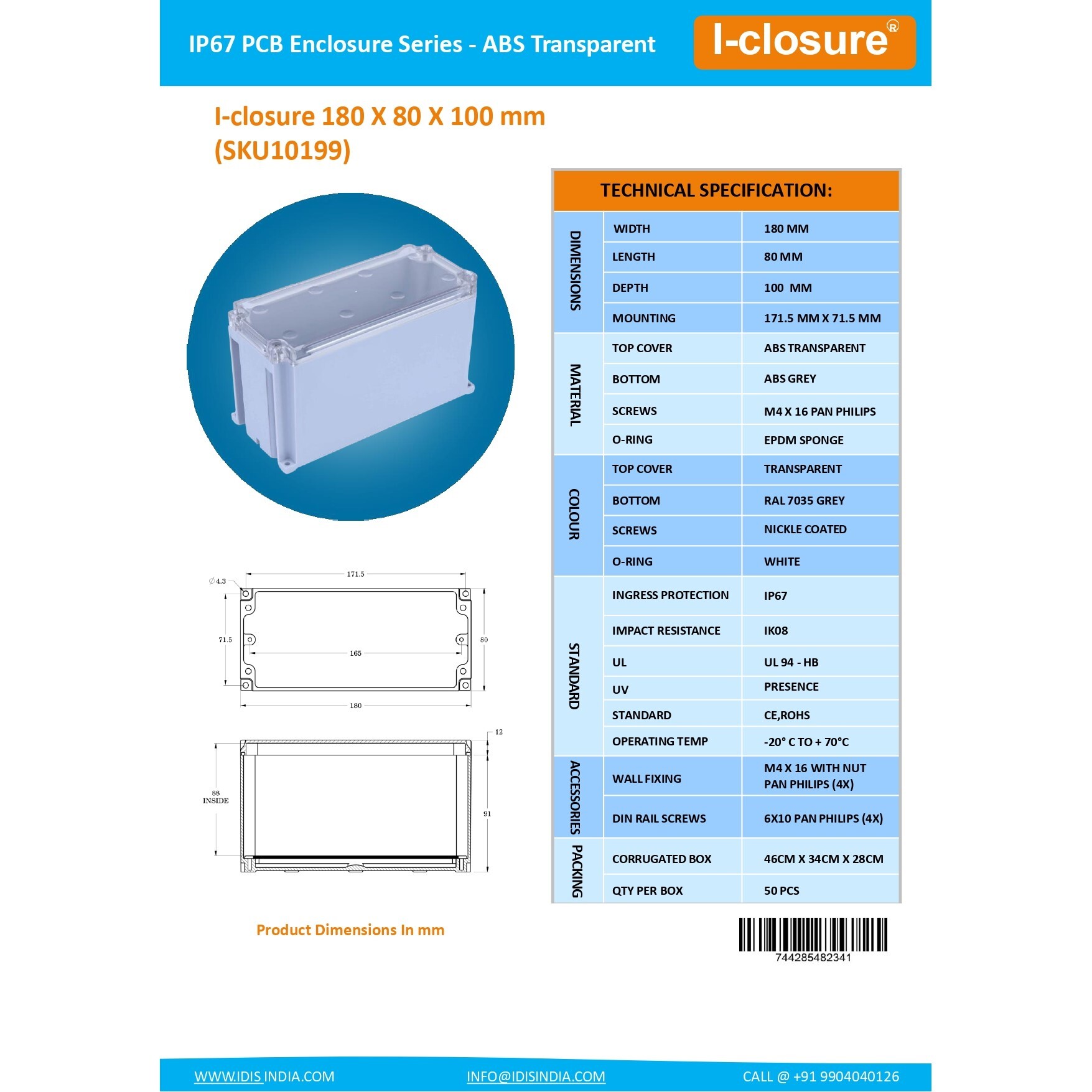ABS Enclosure 180 X 80 X 100 mm Clear IP67