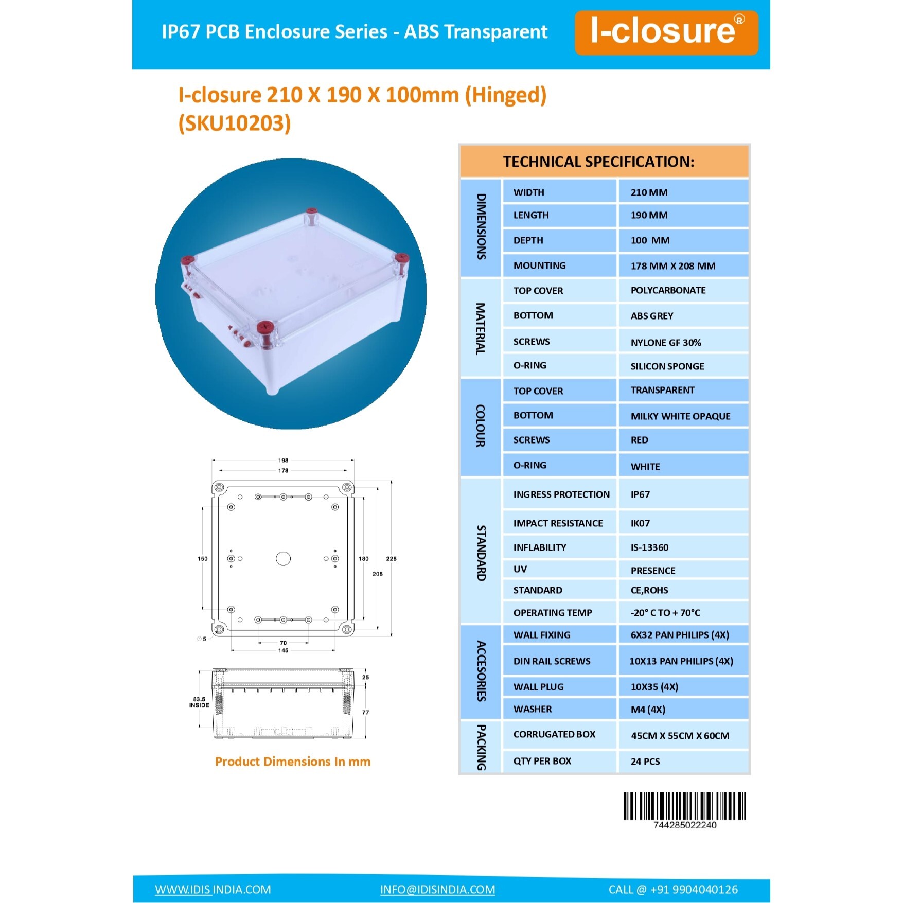 PC ABS Enclosure 210 X 190 X 100 mm IP67