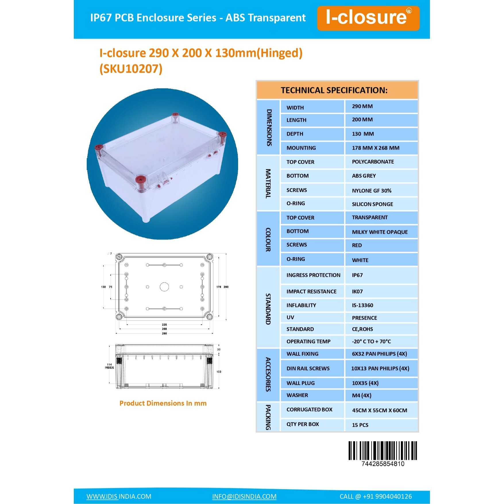 Pc Abs Enclosure 290 X 200 X 130 Mm Ip67 - 3 Mm Thick Virgin Abs Material, Transparent Top Cover, Waterproof, Ik08 Impact Resistance, Wall Mounting