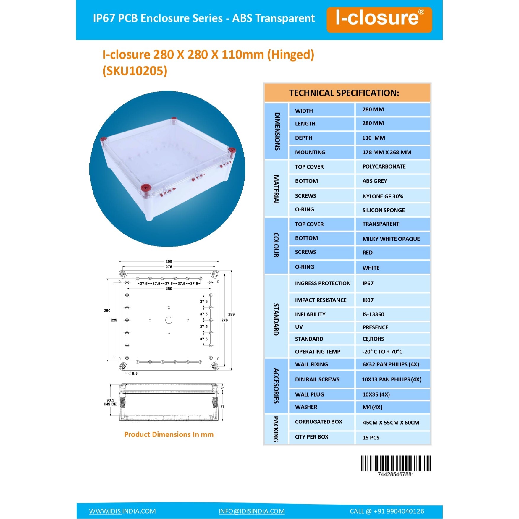 PC ABS Enclosure 280 X 280 X 110 mm IP67
