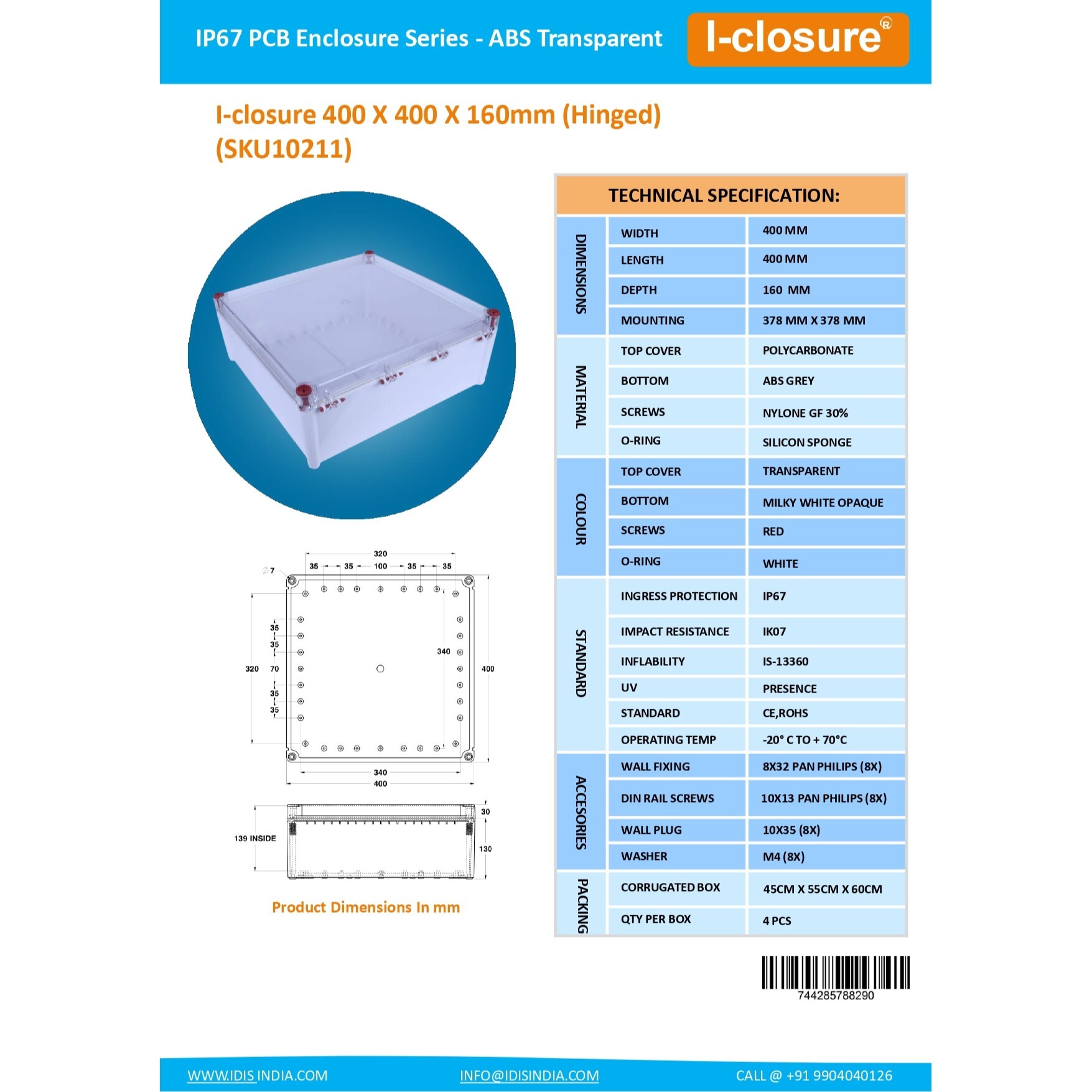 PC ABS Enclosure 400 X 400 X 160 mm IP67