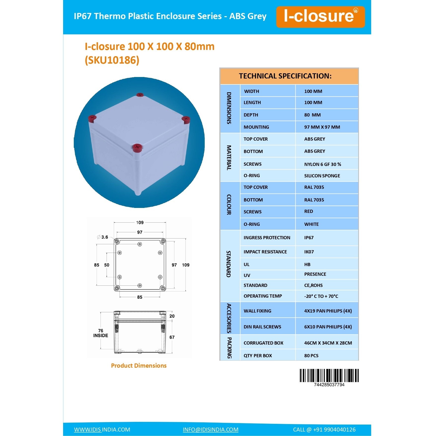 Abs Enclosure 100 X 100 X 80 Mm Ip67