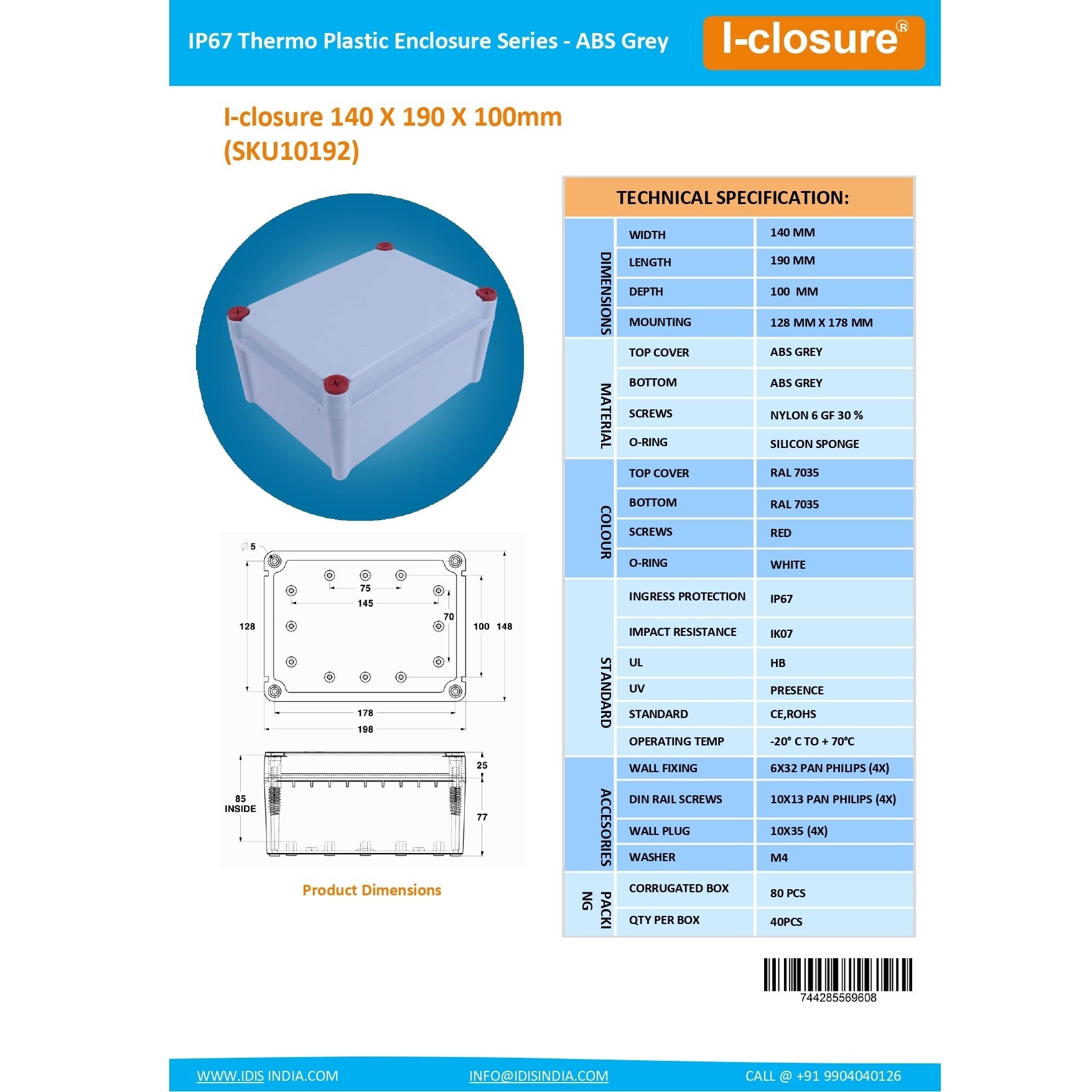 Abs Enclosure 140 X 190 X 100 Mm Ip67