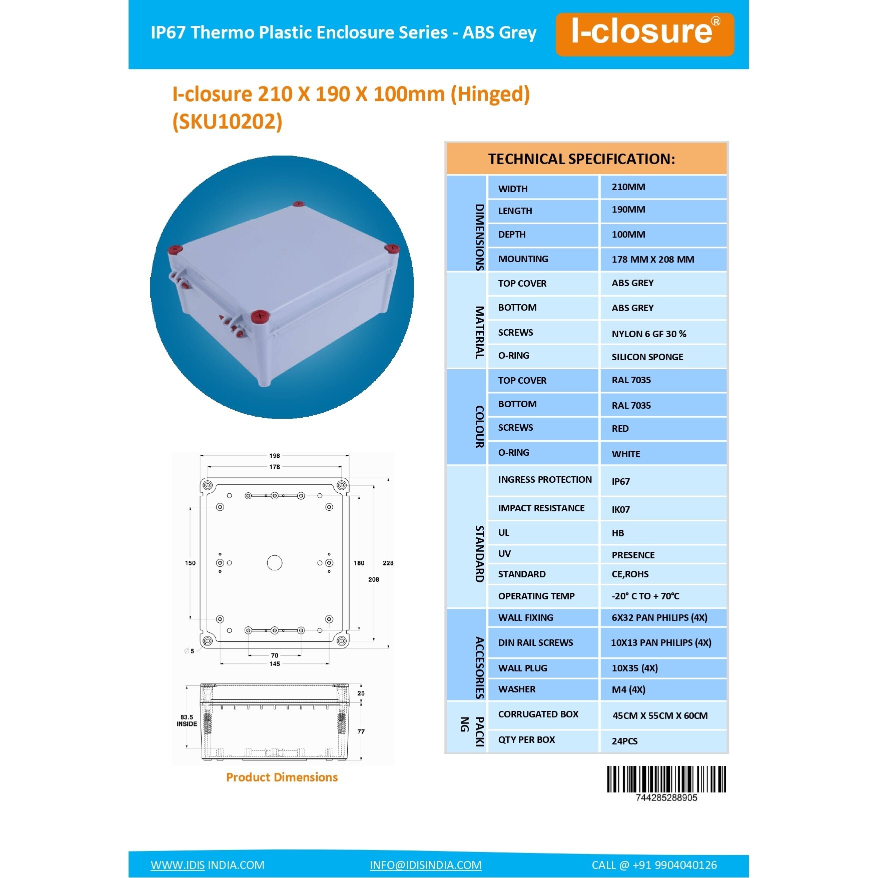 50 Pair Krone Module Box Abs Grey Dimension (L*w*h): 210 X 190 X 100 Millimeter (Mm)