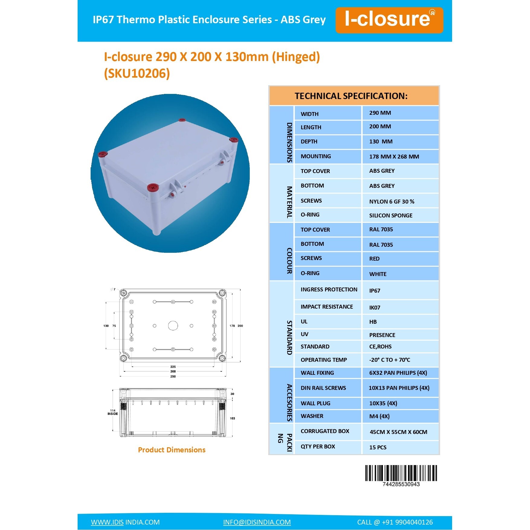 70 Pair Krone Module Box Abs Grey Dimension (L*w*h): 290 X 200 X 130 Millimeter (Mm)