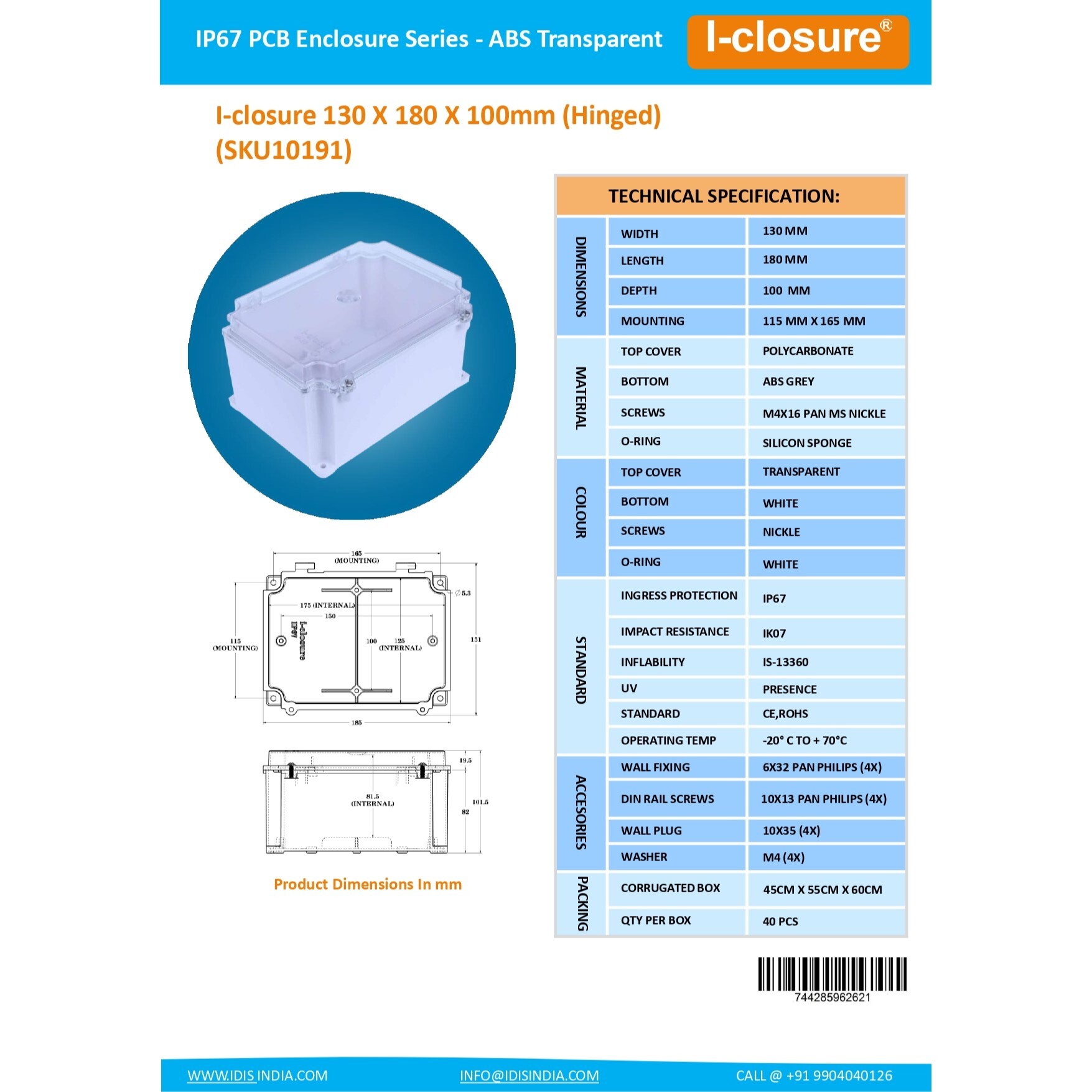 Abs Plastic Enclosure - 130x180x100mm | Ip67 Waterproof, Hinge Design, Removable Transparent Lid, Includes Din Rail & Cable Glands, Easy Wall Mounting Options