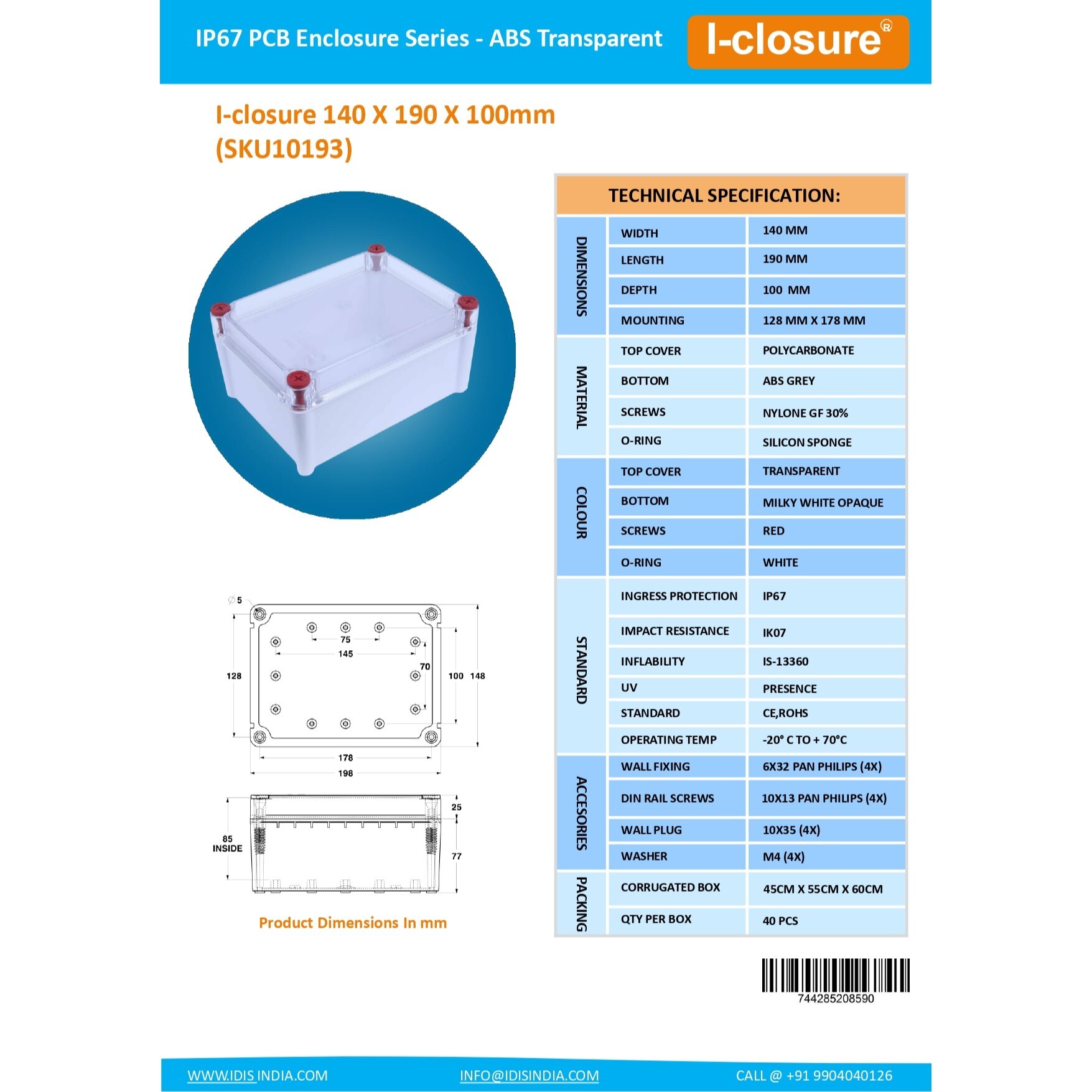 Pc Abs Transparent Enclosure - 140 X 190 X 100 Mm | Ip65, Ip67 Waterproof, Heavy Duty 3mm Thickness, Great Aesthetics, Junction Box, Terminal Box, Ideal For Solar Acdb & Dcdb, Home, Office, Diy Applications