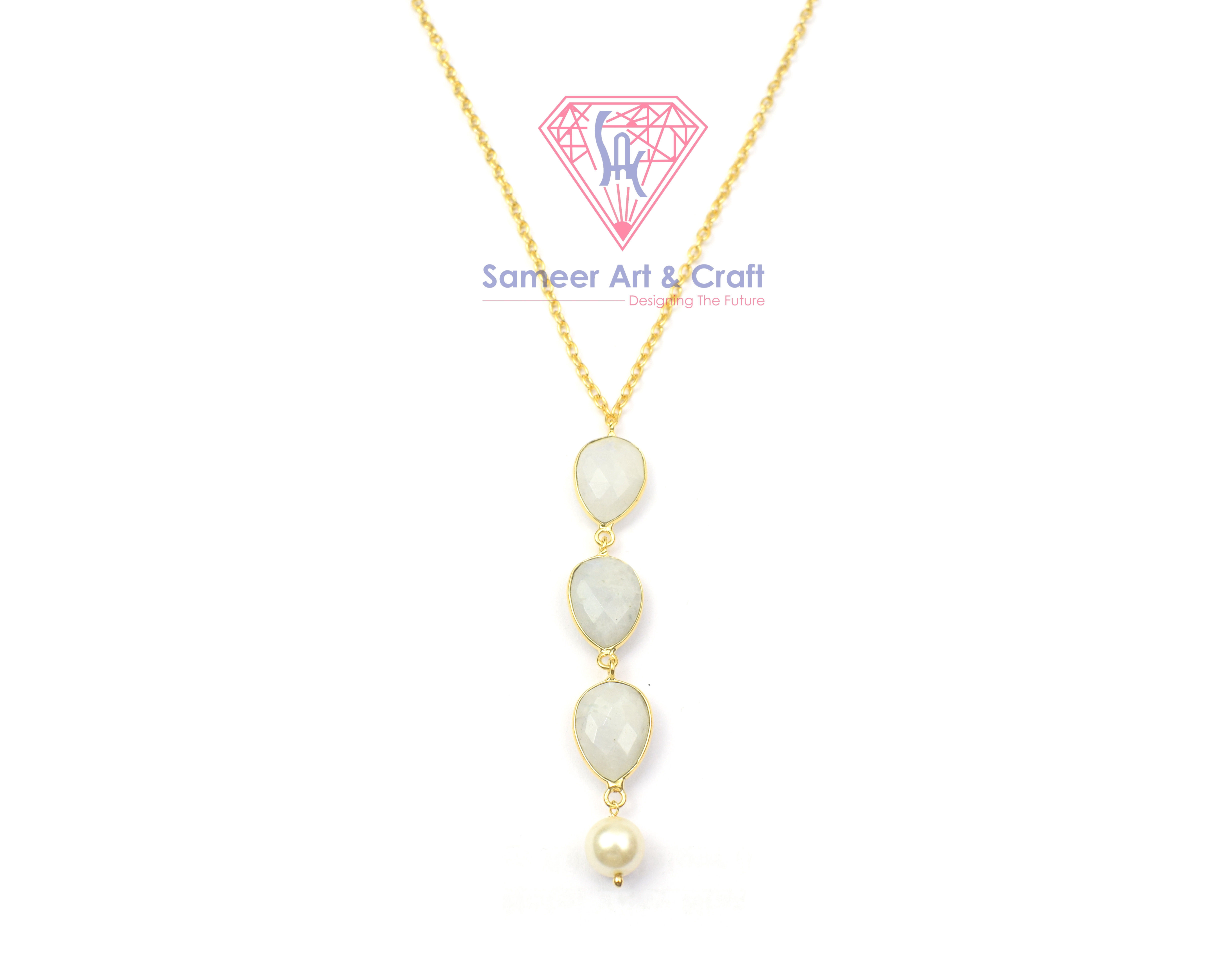 Natural White Rainbow Moonstone Gemstone With 18K Gold Plated Handmade Shell Pearl Pendant Necklace