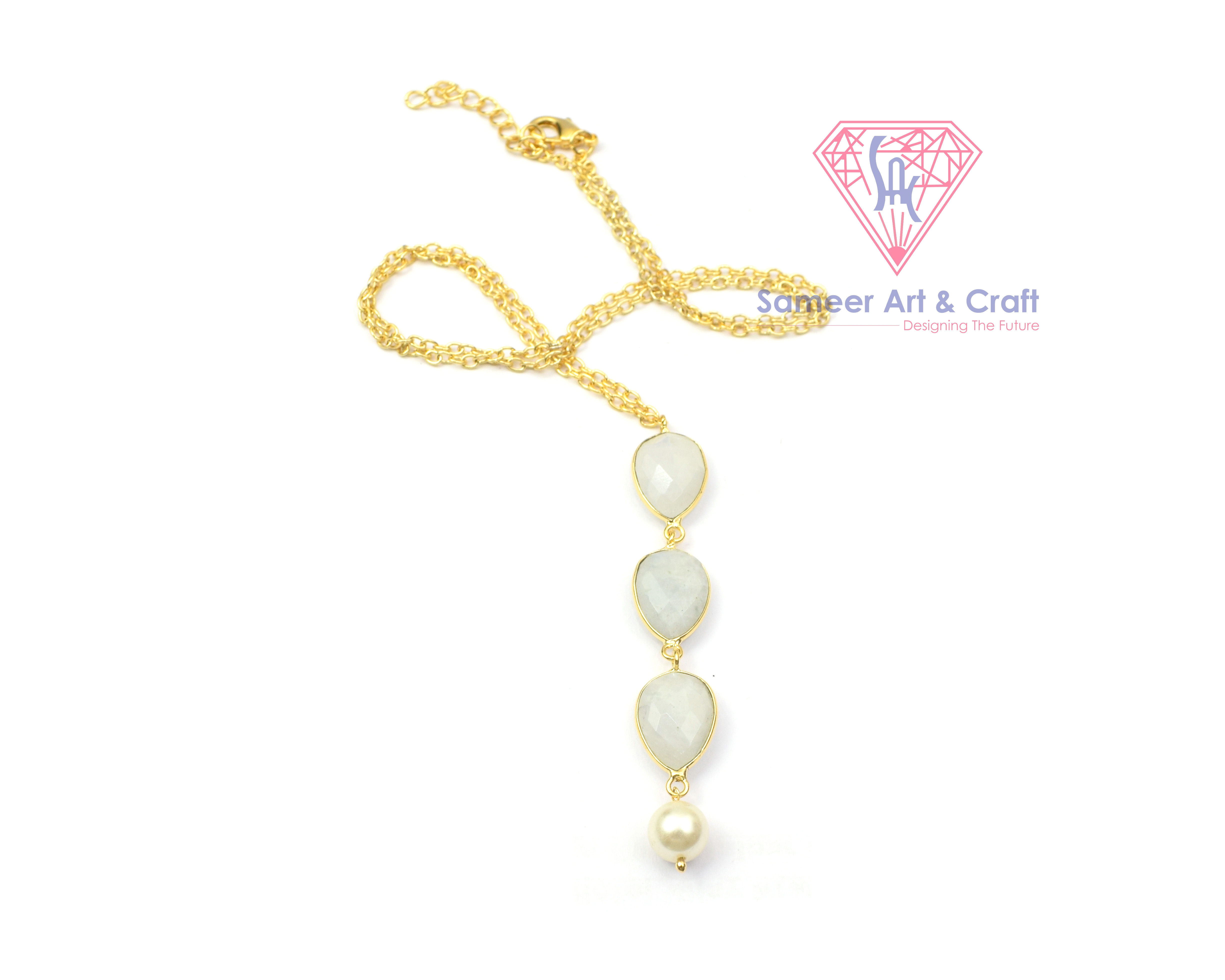 Natural White Rainbow Moonstone Gemstone With 18K Gold Plated Handmade Shell Pearl Pendant Necklace