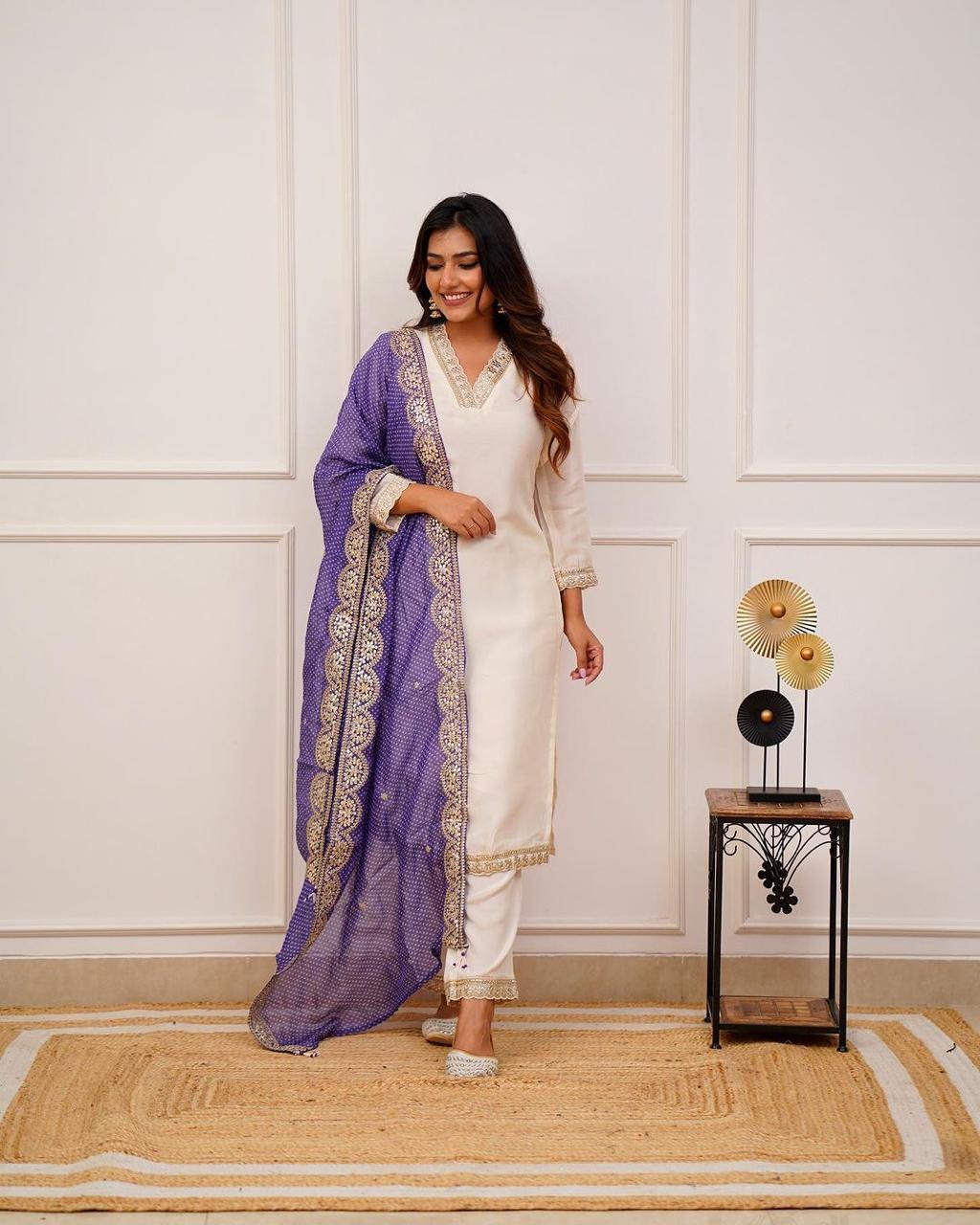 Heavy Banana Cotton Silk Ethnic Suit Set - M L Xl Xxl | Intricate Hand Embroidery, Zari Weaving, Matching Pants & Full Work Lace Dupatta