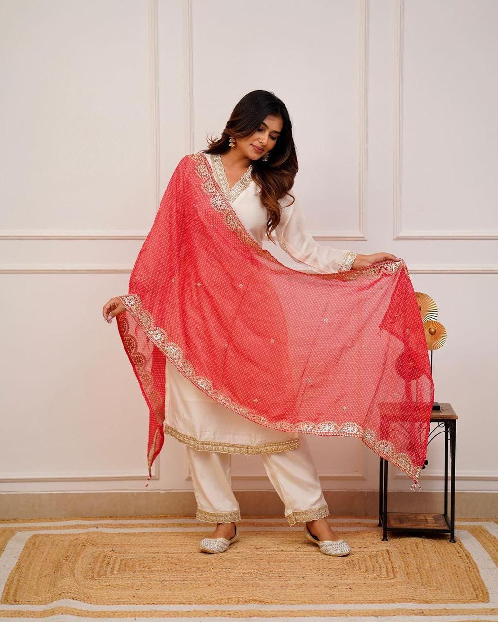 Heavy Banana Cotton Silk Ethnic Suit Set - M L Xl Xxl | Intricate Hand Embroidery, Zari Weaving, Matching Pants & Full Work Lace Dupatta