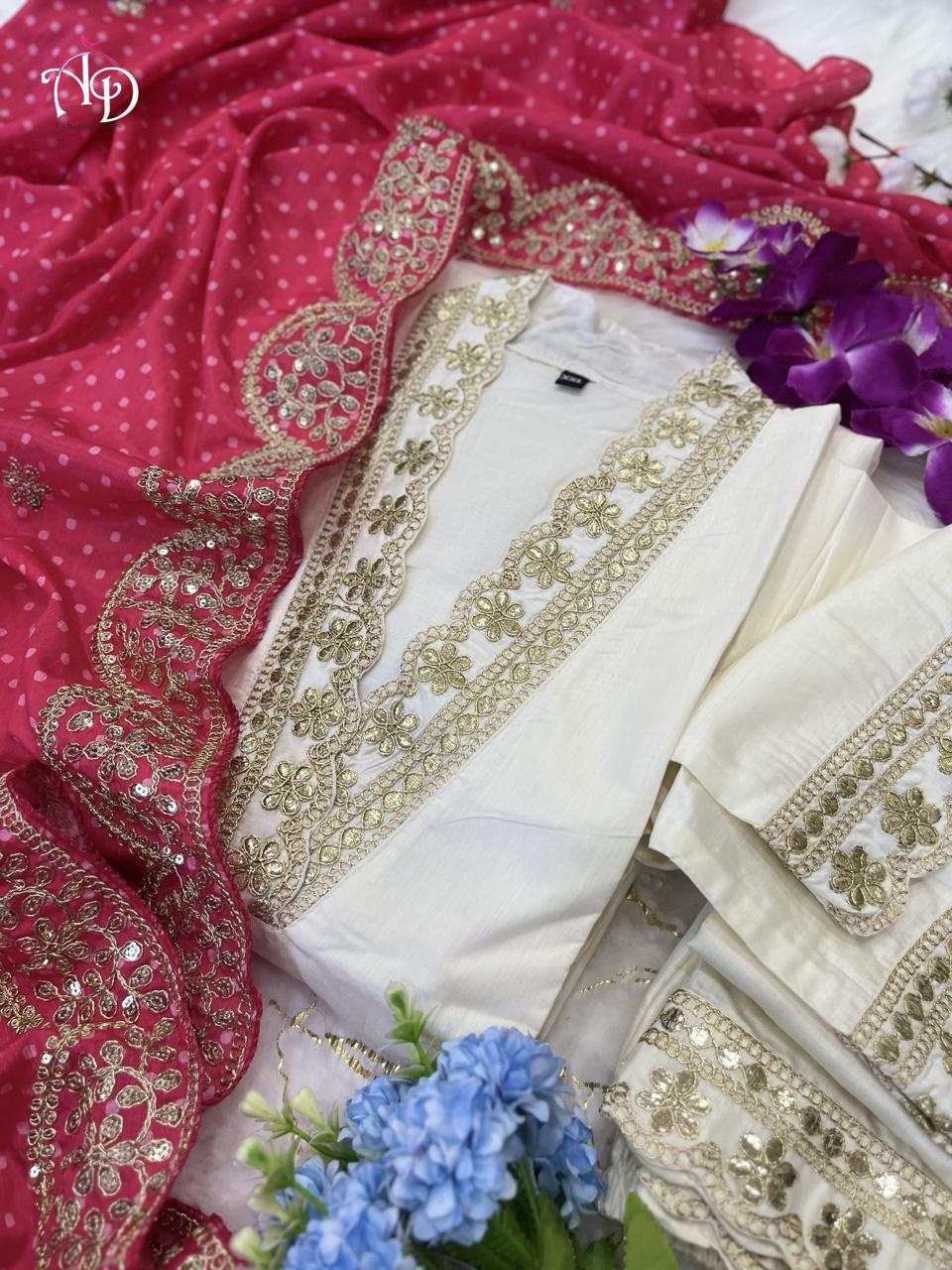 Heavy Banana Cotton Silk Ethnic Suit Set - M L Xl Xxl | Intricate Hand Embroidery, Zari Weaving, Matching Pants & Full Work Lace Dupatta