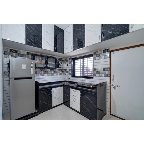 Modular Kitchen - High-quality Wood With Durable Marble Countertop | Water Resistant, Modern Design, Efficient L-shape Layout