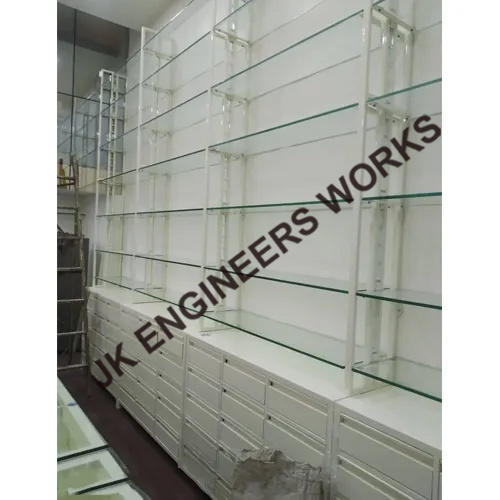 Ms Storage Rack - Durable Glass Metal | Single-Sided Shelving, 7 Feet Tall, Over 400 Kg/hr Capacity, 6-12mm Thickness, Ideal for Medical & Showroom Items