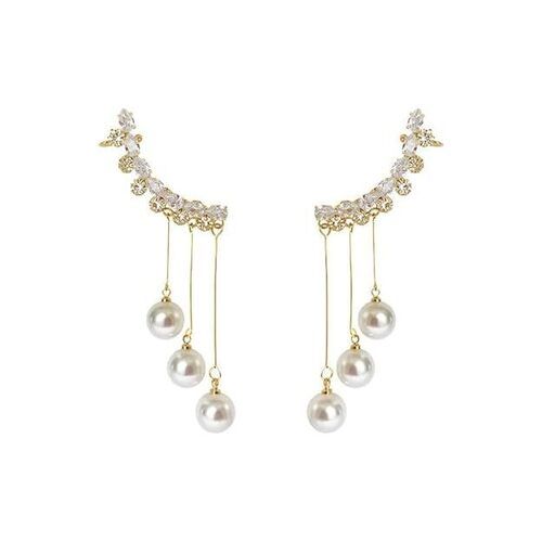 Cherrybox White Pearl Tassels Crystal Studded Ear Cuff Korean Drop Earrings - Gender: Female