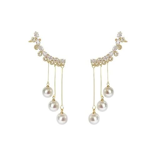 CherryBox White Pearl Tassels Crystal Studded Ear Cuff Korean Drop Earrings