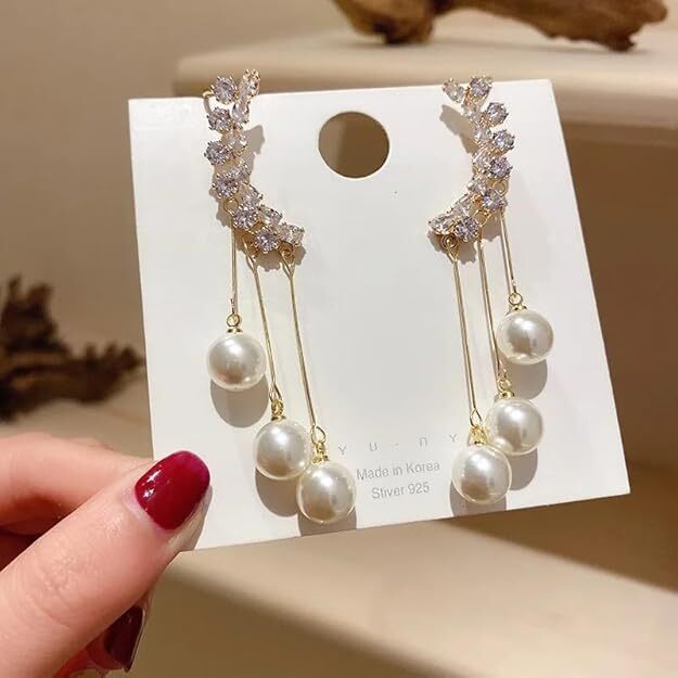 Cherrybox White Pearl Tassels Crystal Studded Ear Cuff Korean Drop Earrings - Metal, White Color, Earring For Girls | Elegant Pearl Style, Trendy Design