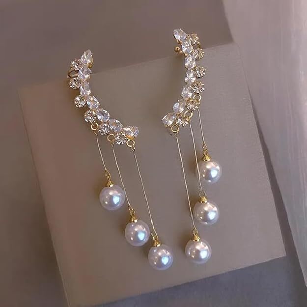 Cherrybox White Pearl Tassels Crystal Studded Ear Cuff Korean Drop Earrings - Metal, White Color, Earring For Girls | Elegant Pearl Style, Trendy Design