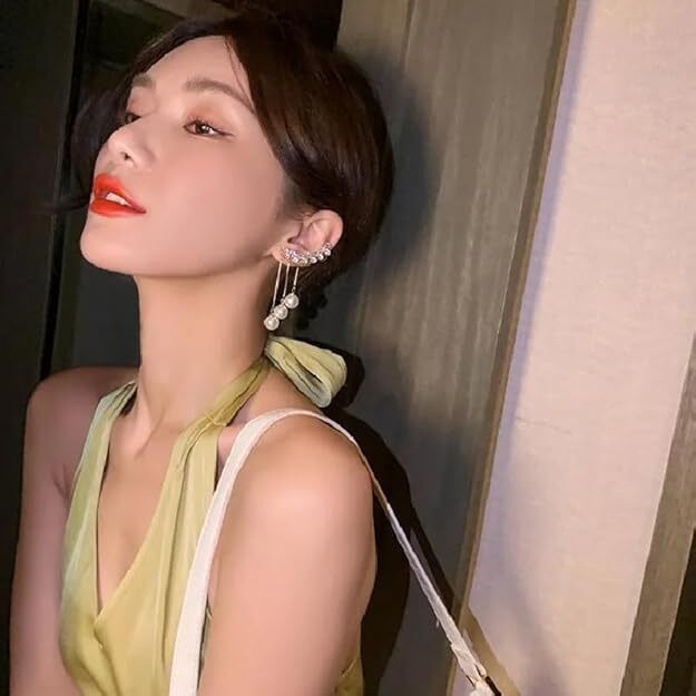 CherryBox White Pearl Tassels Crystal Studded Ear Cuff Korean Drop Earrings