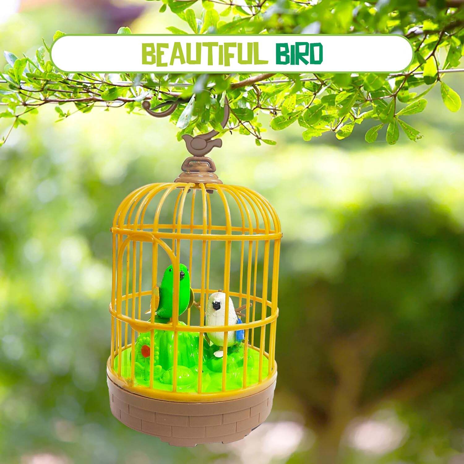 Sound Activated Chirping Bird In Hanging Cage, Beautiful Pinjra Bird Toye