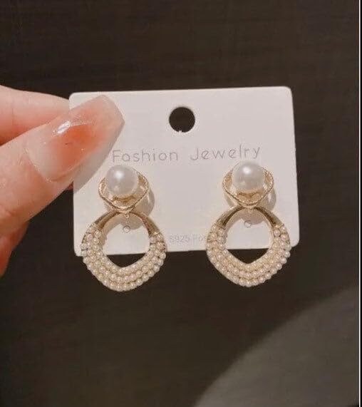 Cherrybox White Pearl Classic Crystal Stud - Metal, White And Gold | Stylish Korean Drop Earrings For Girls, Elegant Pearl Ear Cuff Design