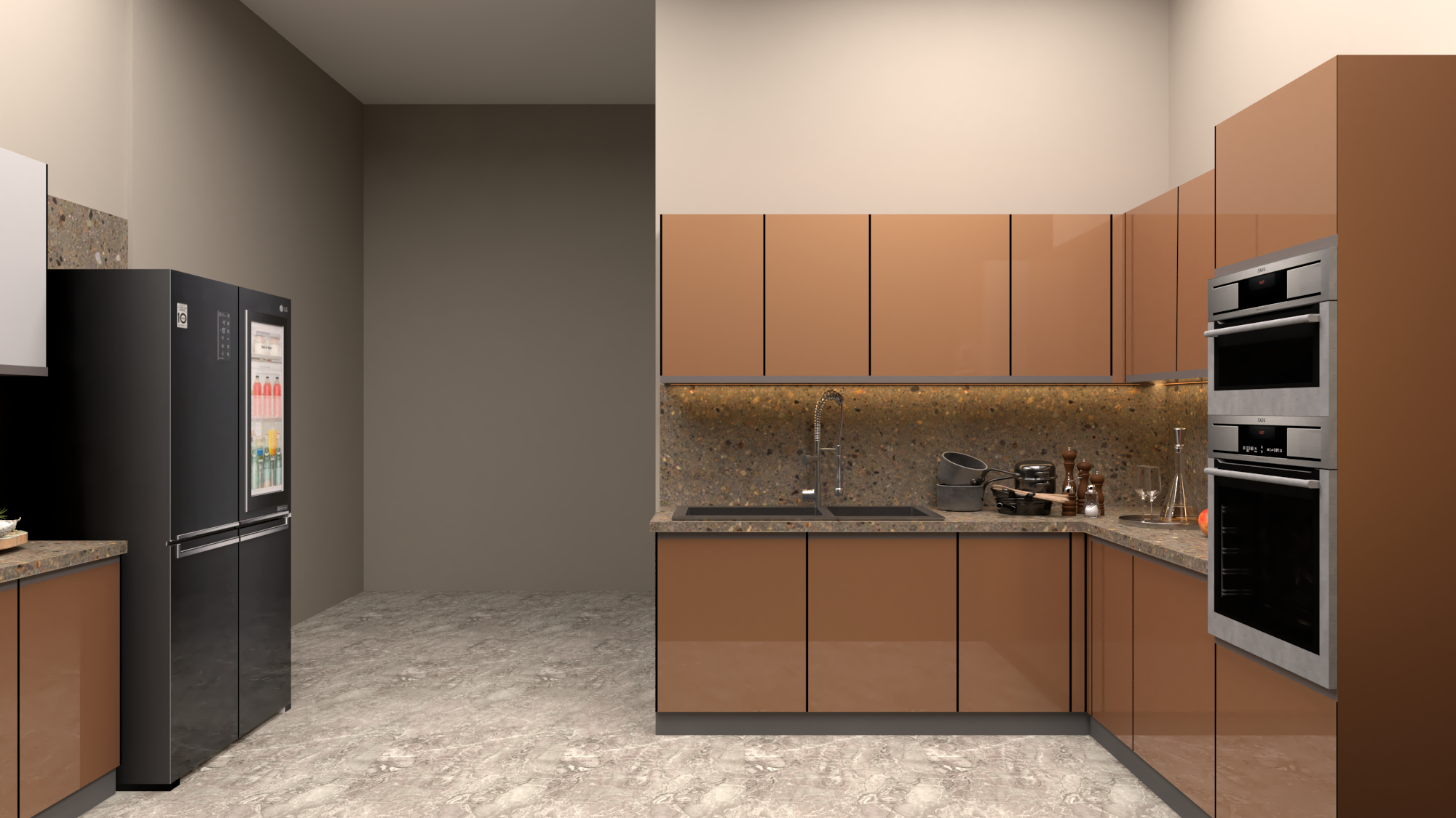 Stainless Steel L Shape Kitchen - Color: Brown