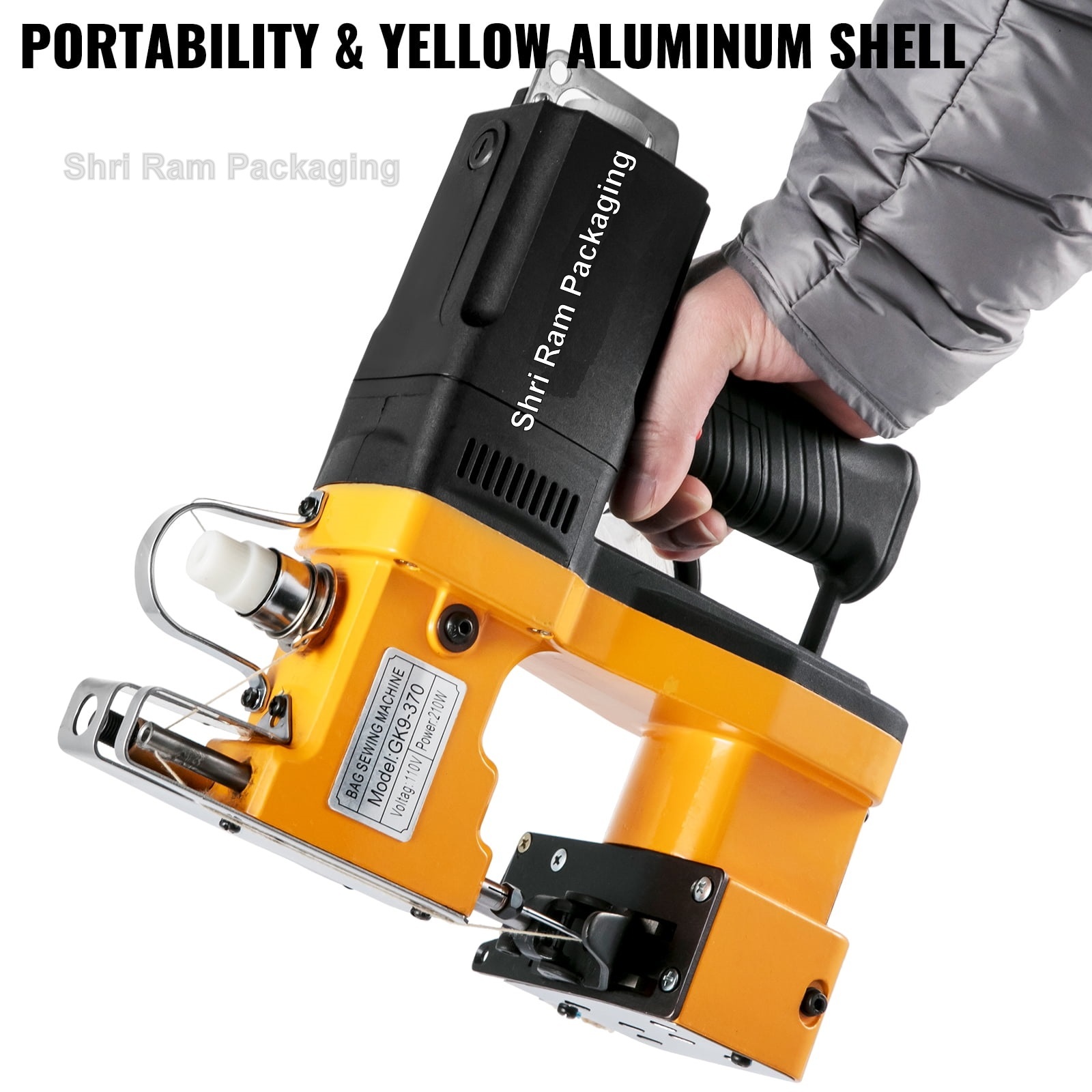Shri Ram Packaging Automatic Electric Bag Closing Machine - 220v, 210w Power, 5mm Maximum Thickness | Lightweight Yellow Aluminum, Adjustable Stitch Tightness, Ideal For Woven & Express Bags