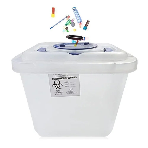 Needle Disposable Sharps Container - Plastic Material, Medium Size, 12 Liter Capacity, White Color - Rectangle Shape, Waterproof Design