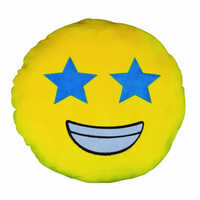 Star Eye Emoji Round Cushion - Cotton Material, 9-inch Diameter, Bright Yellow Color | Printed Star Eye Emoji Cover, Foam Filling For Comfortable Support
