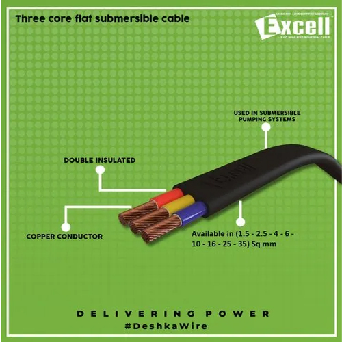 सबलमर्सिबल पंप केबल - कॉपर, 2.5 sqmm x 3 कोर फ्लैट, 1.1 KV | सबलमर्सिबल मोटर और बोरवेल के लिए औद्योगिक उपयोग, वारंटी शामिल