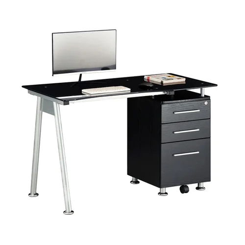 Enmbj-01B Black Computer Table And Work Table Glass Top And 2 Drawers 1 File Cabinet - Color: Silver