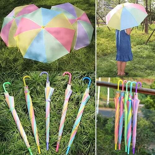 Colorful Rainbow Umbrella Multi-Colour J Shaped Handles