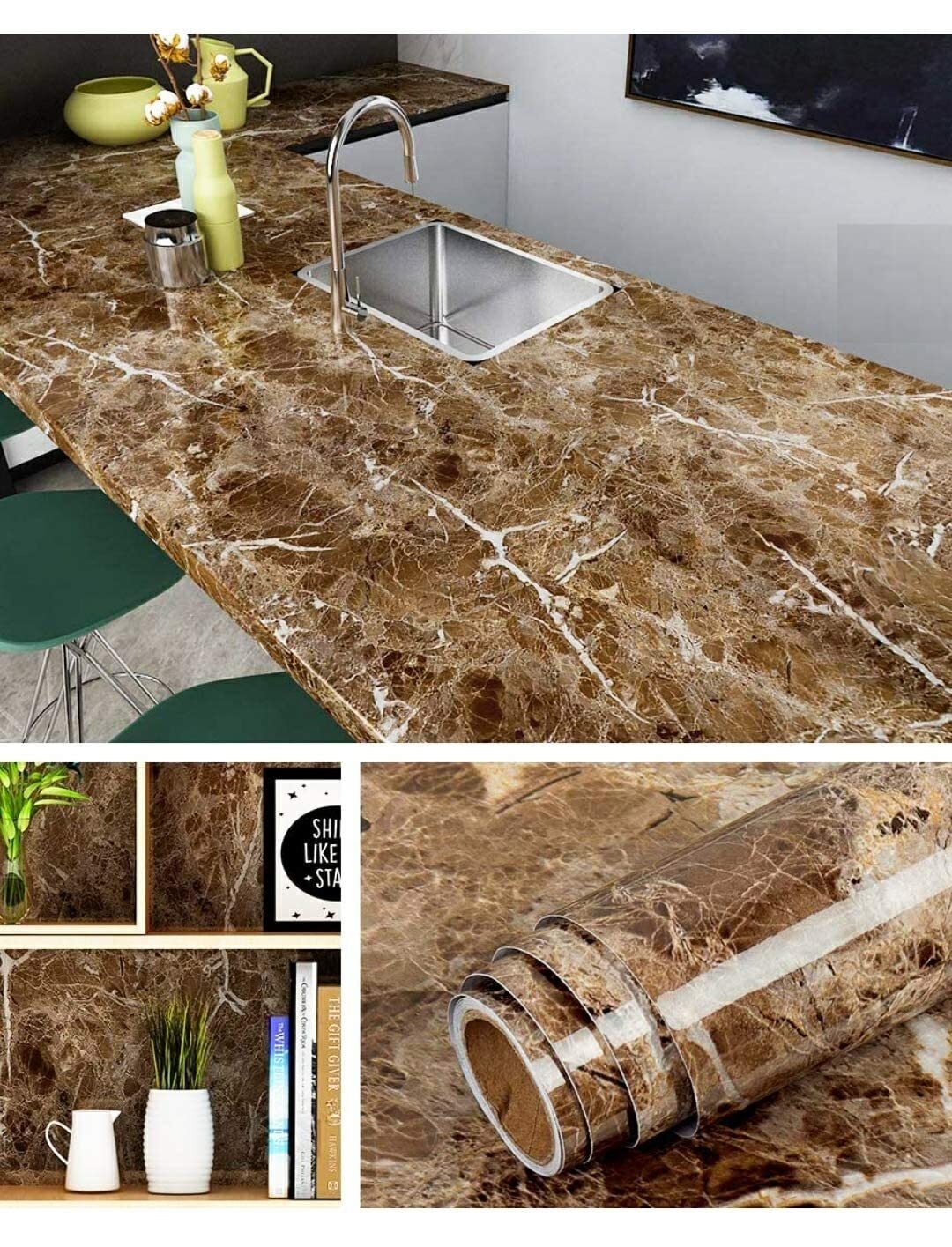 Brown Marble Wallpaper - 3.05 X 0.61 Meters | Waterproof, Self-adhesive, Removable, Easy To Cut, Ideal For Cabinets & Shelves