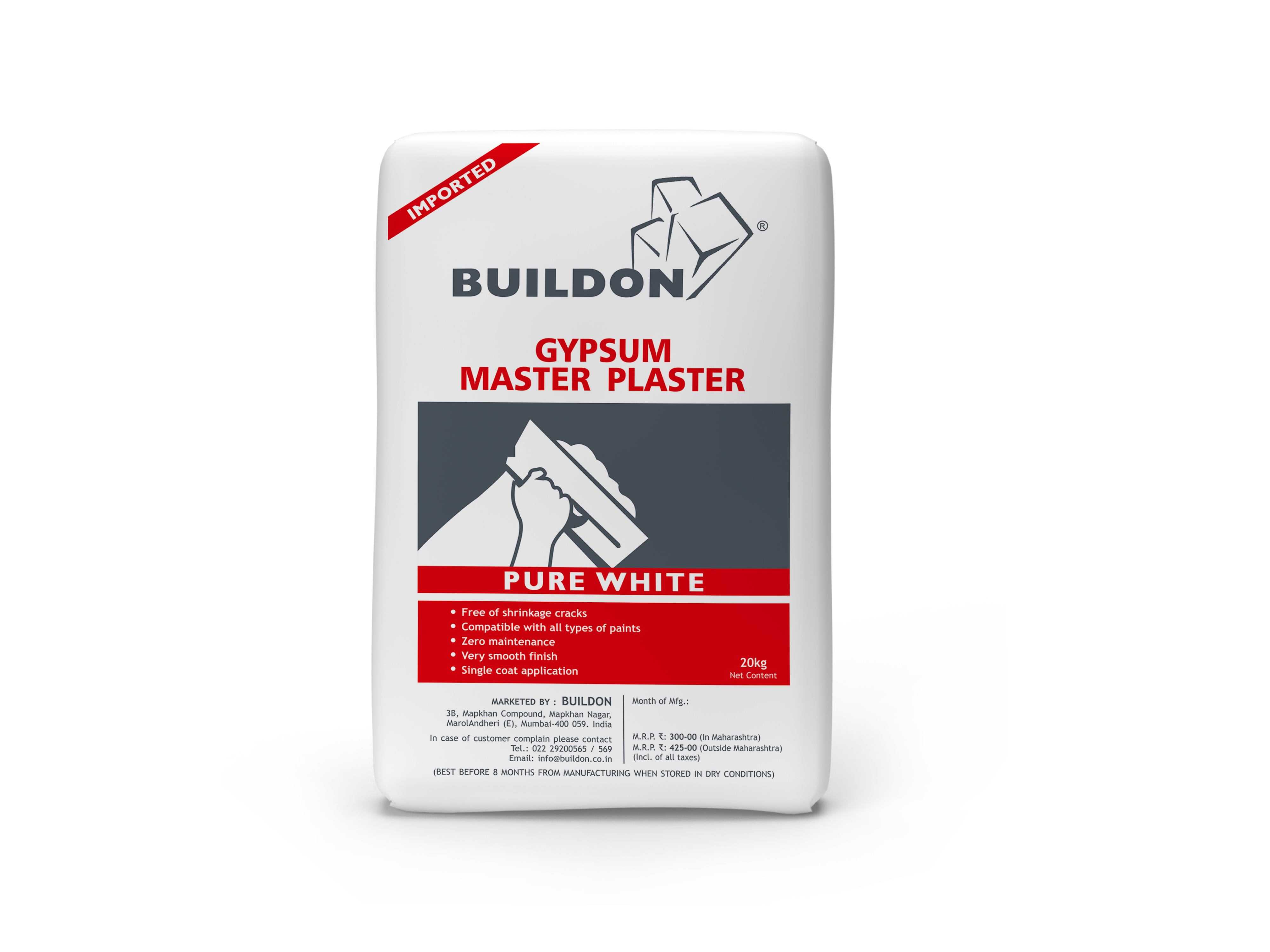 Master Plaster - Gypsum, 12 Mm Thickness, Milky White, Purity 85%, Whiteness 85%, Compressive Strength 15 N/mm2, Coverage 16 Sq. Ft.