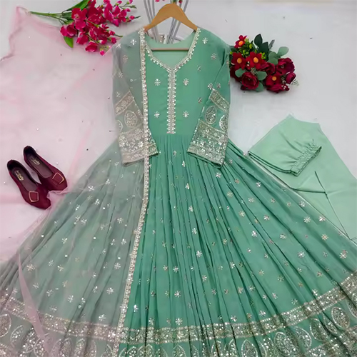 Reddy To Wear Good Quality Launching New Designer Gwon With Pent Dupatta Set Gwon - Color: Green