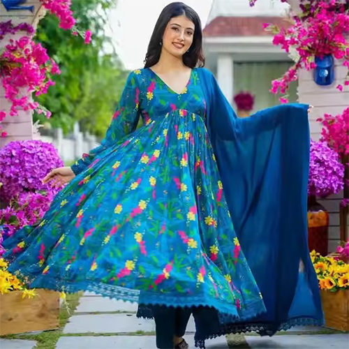 Premium Teal Blue Aanrkali Dress Floral Kurti For Women Fully Stitched Anarkali Party Wear Dress - Pattern: Printed