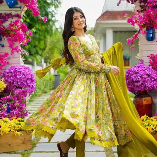 Yellow Aanrkali Dress Floral Kurti For Women Fully Stitched Anarkali Party Wear Dress - Pattern: Printed