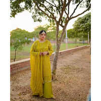 Antique Moss Green Embroidered Anarkali Georgette Dupatta Dresses - Color: Yellow