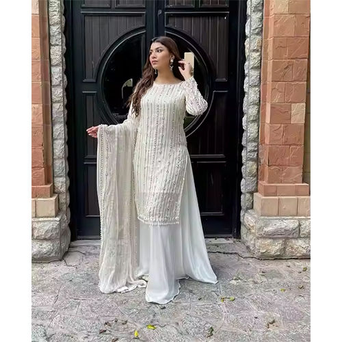 White Color Beautiful Designer Shalwar Kameez Dupatta Dresses - Pattern: Embroidered