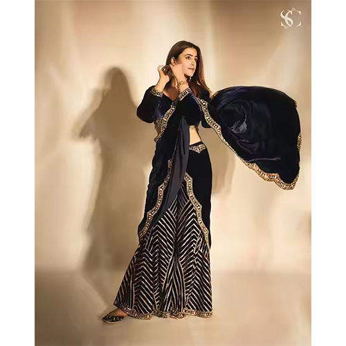 Velvet Sequences Embroidered Work Plazo With Blouse And Dupatta - Color: Black