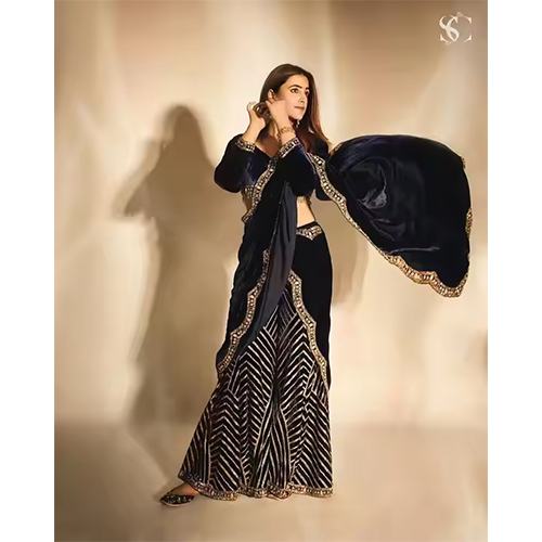 VELVET SEQUENCES EMBROIDERED WORK PLAZO WITH BLOUSE AND DUPATTA