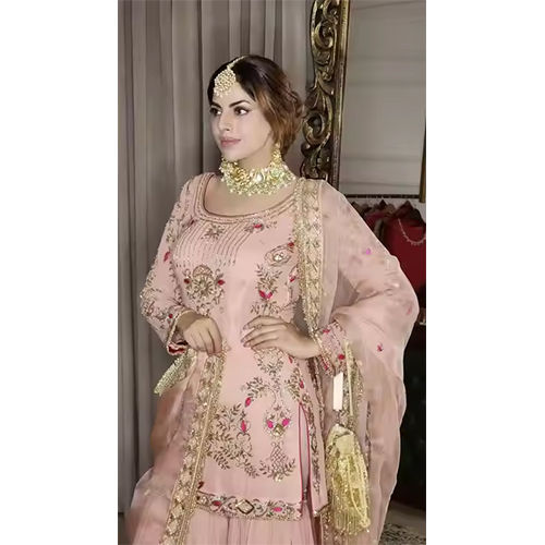 Fancy Embroidery Salwar Kameez Partywear Sharara Suit - Color: Pink