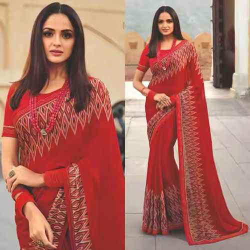 Fancy Embroidered Border Silk Saree Printed Sari With Work Lace - Color: Red